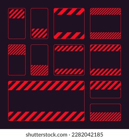 Various blank red warning signs with diagonal lines. Attention, danger or caution sign, construction site signage. Realistic notice signboard, warning banner, road shield. Vector illustration