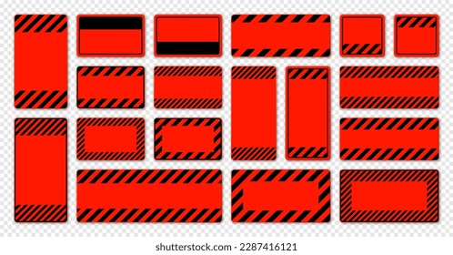 Various blank red warning signs with diagonal lines. Attention, danger or caution sign, construction site signage. Realistic notice signboard, warning banner, road shield. Vector illustration