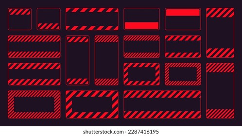 Various blank red warning signs with diagonal lines. Attention, danger or caution sign, construction site signage. Realistic notice signboard, warning banner, road shield. Vector illustration