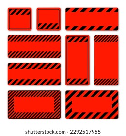 Various blank red warning signs with diagonal lines. Attention, danger or caution sign, construction site signage. Realistic notice signboard, warning banner, road shield. Vector illustration