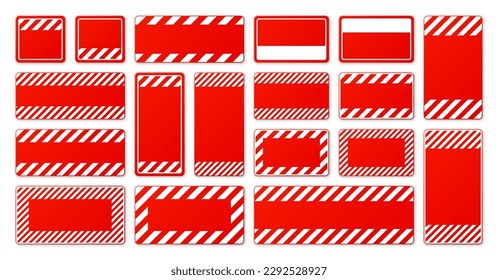 Various blank red warning signs with diagonal lines. Attention, danger or caution sign, construction site signage. Realistic notice signboard, warning banner, road shield. Vector illustration