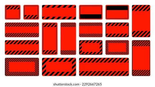 Various blank red warning signs with diagonal lines. Attention, danger or caution sign, construction site signage. Realistic notice signboard, warning banner, road shield. Vector illustration