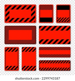 Various blank red warning signs with diagonal lines. Attention, danger or caution sign, construction site signage. Realistic notice signboard, warning banner, road shield. Vector illustration