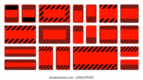 Various blank red warning signs with diagonal lines. Attention, danger or caution sign, construction site signage. Realistic notice signboard, warning banner, road shield. Vector illustration