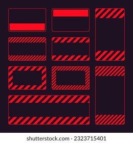 Various blank red warning signs with diagonal lines. Attention, danger or caution sign, construction site signage. Realistic notice signboard, warning banner, road shield. Vector illustration