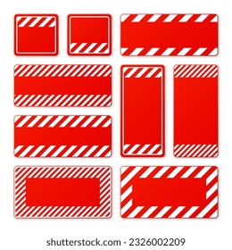 Various blank red warning signs with diagonal lines. Attention, danger or caution sign, construction site signage. Realistic notice signboard, warning banner, road shield. Vector illustration