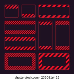 Various blank red warning signs with diagonal lines. Attention, danger or caution sign, construction site signage. Realistic notice signboard, warning banner, road shield. Vector illustration