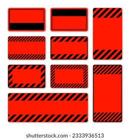 Various blank red warning signs with diagonal lines. Attention, danger or caution sign, construction site signage. Realistic notice signboard, warning banner, road shield. Vector illustration