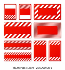 Various blank red warning signs with diagonal lines. Attention, danger or caution sign, construction site signage. Realistic notice signboard, warning banner, road shield. Vector illustration