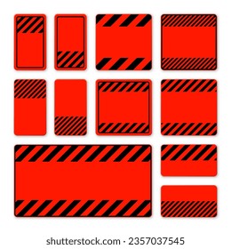 Various blank red warning signs with diagonal lines. Attention, danger or caution sign, construction site signage. Realistic notice signboard, warning banner, road shield. Vector illustration