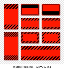 Various blank red warning signs with diagonal lines. Attention, danger or caution sign, construction site signage. Realistic notice signboard, warning banner, road shield. Vector illustration