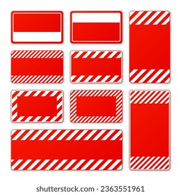 Various blank red warning signs with diagonal lines. Attention, danger or caution sign, construction site signage. Realistic notice signboard, warning banner, road shield. Vector illustration