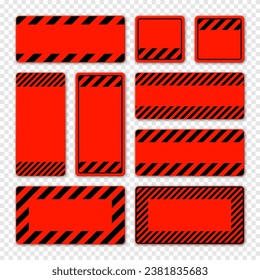 Various blank red warning signs with diagonal lines. Attention, danger or caution sign, construction site signage. Realistic notice signboard, warning banner, road shield. Vector illustration