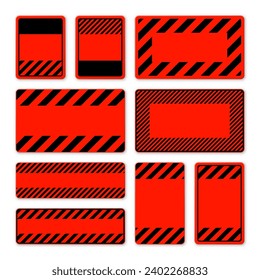 Various blank red warning signs with diagonal lines. Attention, danger or caution sign, construction site signage. Realistic notice signboard, warning banner, road shield. Vector illustration