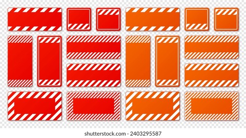 Various blank red warning signs with diagonal lines. Attention, danger or caution sign, construction site signage. Realistic notice signboard, warning banner, road shield. Vector illustration