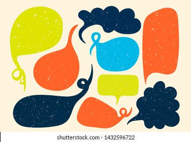 Various blank speech bubbles. Hand drawn set. Different shapes. Abstract contemporary modern trendy vector illustration. Stamp texture. All elements are isolated