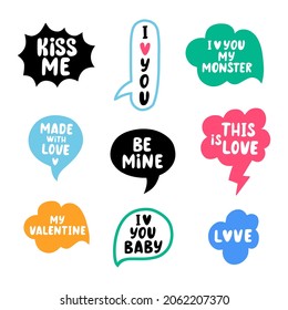 Varias burbujas de voz en blanco para el día de San Valentín. Juego dibujado a mano. Formas diferentes. Todos los elementos están aislados