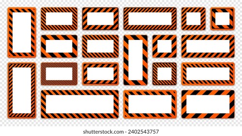 Various blank warning signs with diagonal lines. Orange attention, danger or caution sign, construction site signage. Realistic notice signboard, warning banner, road shield. Vector illustration