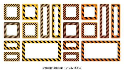 Various blank warning signs with diagonal lines. Orange attention, danger or caution sign, construction site signage. Realistic notice signboard, warning banner, road shield. Vector illustration