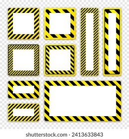 Various blank warning signs with diagonal lines. Red attention, danger or caution sign, construction site signage. Realistic notice signboard, warning banner, road shield. Vector illustration