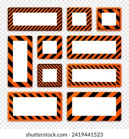 Various blank warning signs with diagonal lines. Orange attention, danger or caution sign, construction site signage. Realistic notice signboard, warning banner, road shield. Vector illustration