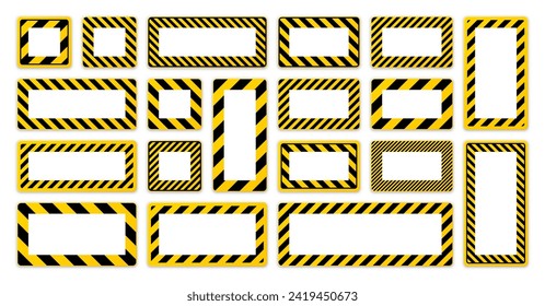 Various blank warning signs with diagonal lines. Red attention, danger or caution sign, construction site signage. Realistic notice signboard, warning banner, road shield. Vector illustration