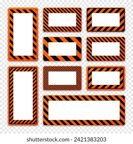 Various blank warning signs with diagonal lines. Orange attention, danger or caution sign, construction site signage. Realistic notice signboard, warning banner, road shield. Vector illustration