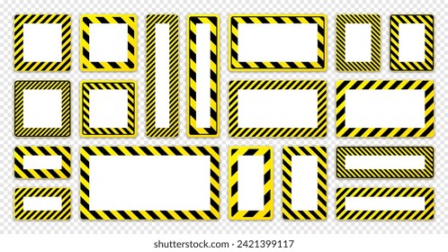 Various blank warning signs with diagonal lines. Red attention, danger or caution sign, construction site signage. Realistic notice signboard, warning banner, road shield. Vector illustration