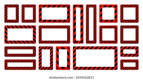 Various blank warning signs with diagonal lines. Yellow attention, danger or caution sign, construction site signage. Realistic notice signboard, warning banner, road shield. Vector illustration