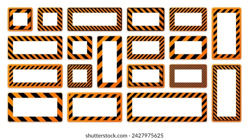 Various blank warning signs with diagonal lines. Orange attention, danger or caution sign, construction site signage. Realistic notice signboard, warning banner, road shield. Vector illustration