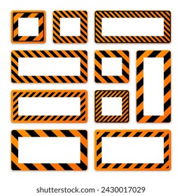 Various blank warning signs with diagonal lines. Orange attention, danger or caution sign, construction site signage. Realistic notice signboard, warning banner, road shield. Vector illustration