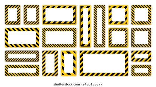 Various blank warning signs with diagonal lines. Red attention, danger or caution sign, construction site signage. Realistic notice signboard, warning banner, road shield. Vector illustration