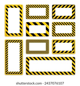 Various blank warning signs with diagonal lines. Red attention, danger or caution sign, construction site signage. Realistic notice signboard, warning banner, road shield. Vector illustration