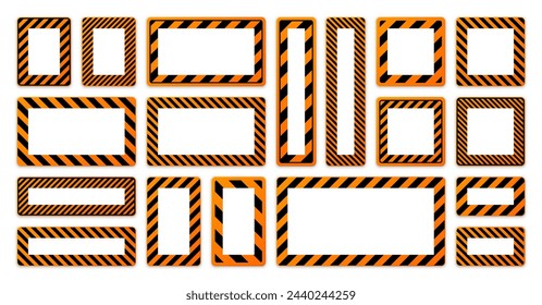 Various blank warning signs with diagonal lines. Orange attention, danger or caution sign, construction site signage. Realistic notice signboard, warning banner, road shield. Vector illustration