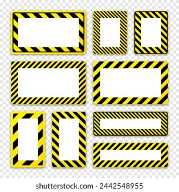 Various blank warning signs with diagonal lines. Red attention, danger or caution sign, construction site signage. Realistic notice signboard, warning banner, road shield. Vector illustration