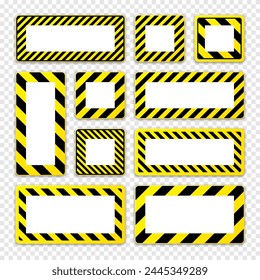 Various blank warning signs with diagonal lines. Red attention, danger or caution sign, construction site signage. Realistic notice signboard, warning banner, road shield. Vector illustration