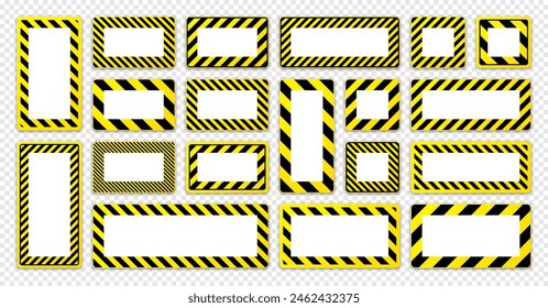 Various blank warning signs with diagonal lines. Red attention, danger or caution sign, construction site signage. Realistic notice signboard, warning banner, road shield. Vector illustration