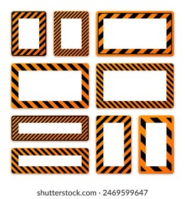 Various blank warning signs with diagonal lines. Orange attention, danger or caution sign, construction site signage. Realistic notice signboard, warning banner, road shield. Vector illustration