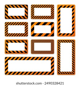 Various blank warning signs with diagonal lines. Orange attention, danger or caution sign, construction site signage. Realistic notice signboard, warning banner, road shield. Vector illustration