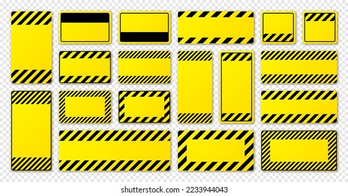 Various blank yellow warning signs with diagonal lines. Attention, danger or caution sign, construction site signage. Realistic notice signboard, warning banner, road shield. Vector illustration