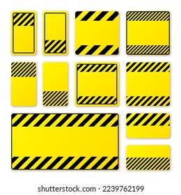 Various blank yellow warning signs with diagonal lines. Attention, danger or caution sign, construction site signage. Realistic notice signboard, warning banner, road shield. Vector illustration