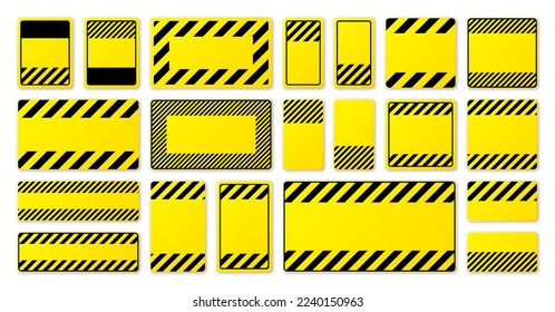 Various blank yellow warning signs with diagonal lines. Attention, danger or caution sign, construction site signage. Realistic notice signboard, warning banner, road shield. Vector illustration