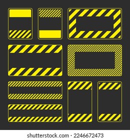 Various blank yellow warning signs with diagonal lines. Attention, danger or caution sign, construction site signage. Realistic notice signboard, warning banner, road shield. Vector illustration