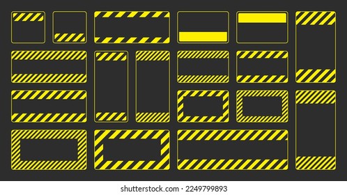 Various blank yellow warning signs with diagonal lines. Attention, danger or caution sign, construction site signage. Realistic notice signboard, warning banner, road shield. Vector illustration