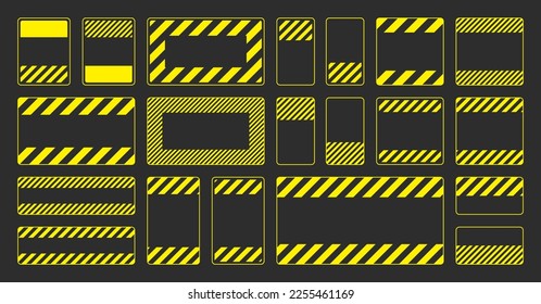 Various blank yellow warning signs with diagonal lines. Attention, danger or caution sign, construction site signage. Realistic notice signboard, warning banner, road shield. Vector illustration