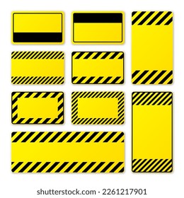 Various blank yellow warning signs with diagonal lines. Attention, danger or caution sign, construction site signage. Realistic notice signboard, warning banner, road shield. Vector illustration