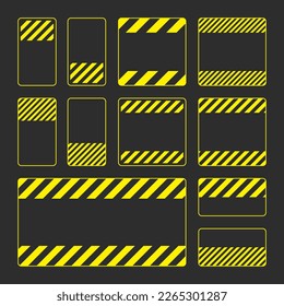 Various blank yellow warning signs with diagonal lines. Attention, danger or caution sign, construction site signage. Realistic notice signboard, warning banner, road shield. Vector illustration