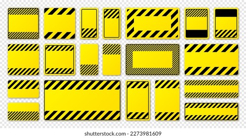 Various blank yellow warning signs with diagonal lines. Attention, danger or caution sign, construction site signage. Realistic notice signboard, warning banner, road shield. Vector illustration