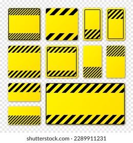 Various blank yellow warning signs with diagonal lines. Attention, danger or caution sign, construction site signage. Realistic notice signboard, warning banner, road shield. Vector illustration