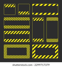 Various blank yellow warning signs with diagonal lines. Attention, danger or caution sign, construction site signage. Realistic notice signboard, warning banner, road shield. Vector illustration